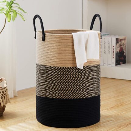 100L Extra Large Laundry Hamper Basket, 26.4Gal Tall Woven Laundry Basket Storage, Baby Nursery Hamper for Blankets, Clothes Hamper for Bedroom and Living Room Organizing, Brown & Black