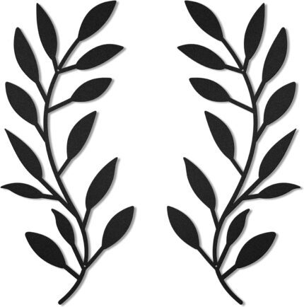 2 Pieces Metal Tree Leaf Wall Decor Vine Olive Branch Leaf Wall Art Wrought Iron Scroll Above The Bed, Living Room, Outdoor Decoration (Black)