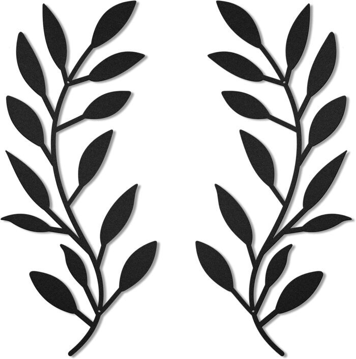 2 Pieces Metal Tree Leaf Wall Decor Vine Olive Branch Leaf Wall Art Wrought Iron Scroll Above The Bed, Living Room, Outdoor Decoration (Black)