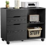 3 Drawers Mobile Wood Lateral Rolling Filing Cabinet,Printer Stand with Open Adjustable Storage Shelves and Wheels for Home Office, Black