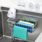 3-In-1 Sponge Holder for Kitchen Sink, 2 Suspension Options(Suction Cups & Adhesive Hook), Hanging Sink Caddy Organizer Rack - Sponge, Dish Cloth, Brush, Scrubber, Soap Tray, 304 Stainless Steel