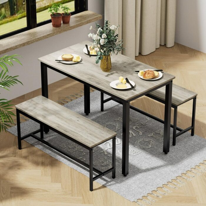 3-Piece 4 Bar 2 Dining Benches, 43.3'' Wood Kitchen Table & Chair Set for Breakfast Nook and Small Space, Grey