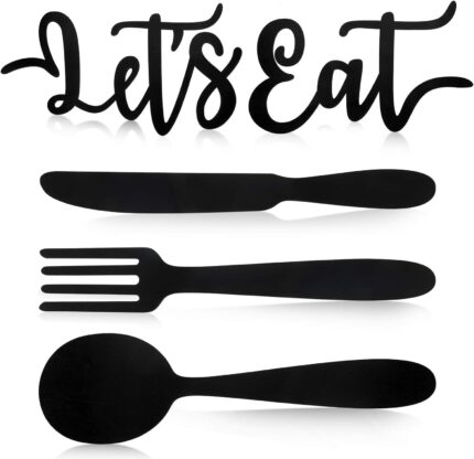 5 Pieces Let's Eat Sign, Wooden Fork Spoon Knife Sign Wall Decor, Rustic Cutout Eat Kitchen Decor for Home Dining Living Room Bar Cafe Restaurant (Black)