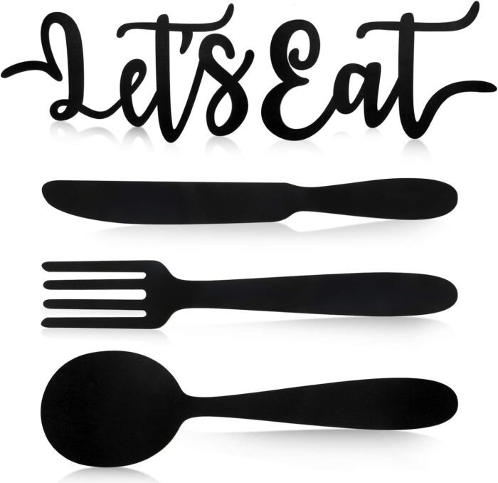 5 Pieces Let's Eat Sign, Wooden Fork Spoon Knife Sign Wall Decor, Rustic Cutout Eat Kitchen Decor for Home Dining Living Room Bar Cafe Restaurant (Black)