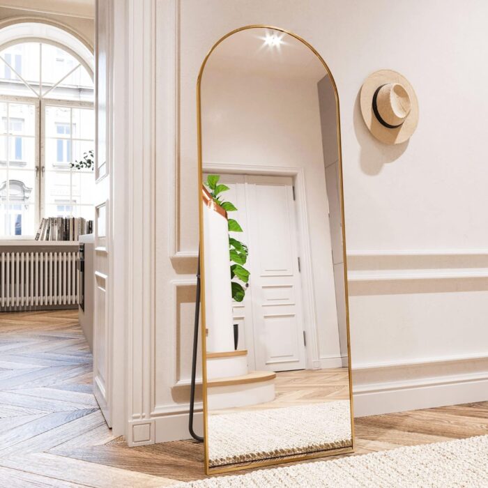 64"x21" Arched Full Length Mirror Free Standing Leaning Mirror Hanging Mounted Mirror Aluminum Frame Modern Simple Home Decor for Living Room Bedroom Cloakroom, Gold