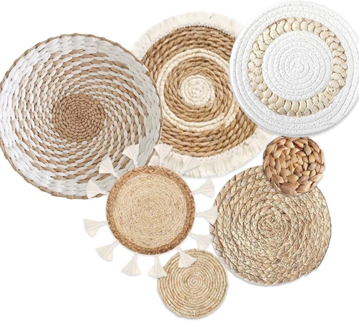 7 Pack Boho Wall Basket Decor - Seagrass Rattan Wicker Wall Decor Round Handmade Hanging Rustic Flat Elegant Wall Art for Farmhouse Living Rooms Bedrooms Display Table Settings Kitchen Home