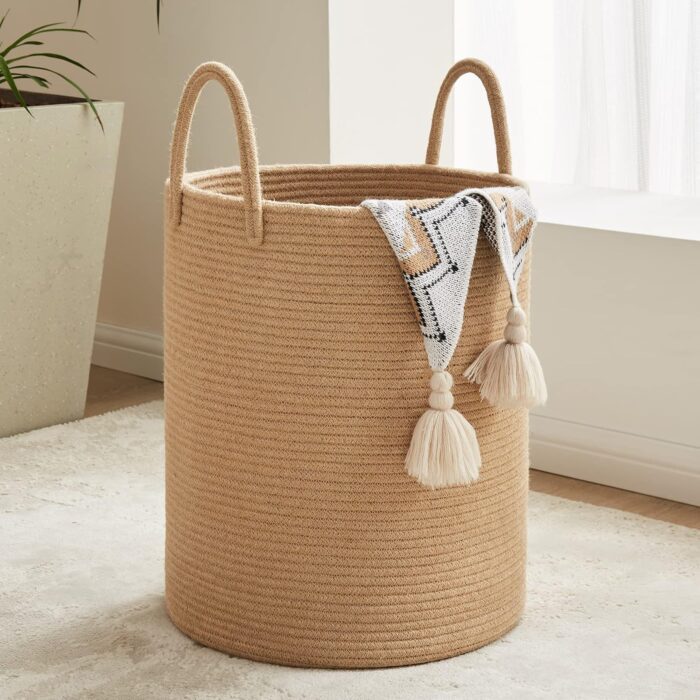 72L Large Woven Laundry Hamper by Fiona's magic, Tall Cotton Rope Storage Basket, Jute Baby Nursery Hamper for Blankets, Toys and Clothes in Bedroom and Living Room Organizing, Jute