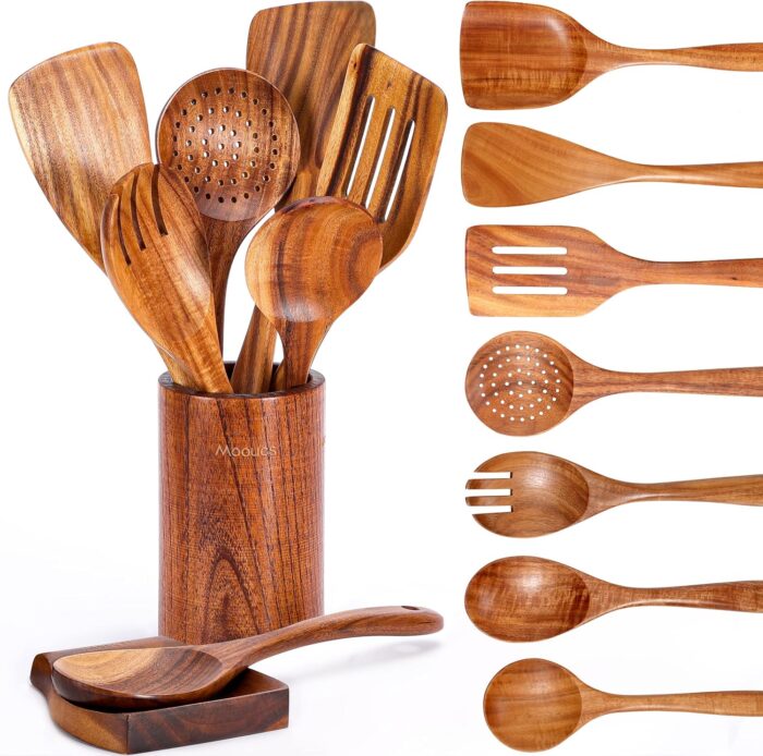 9 Piece Natural Teak Wooden Kitchen Utensil Set with Spoon Rest - Comfort Grip Cooking Spoons and Utensils Holder