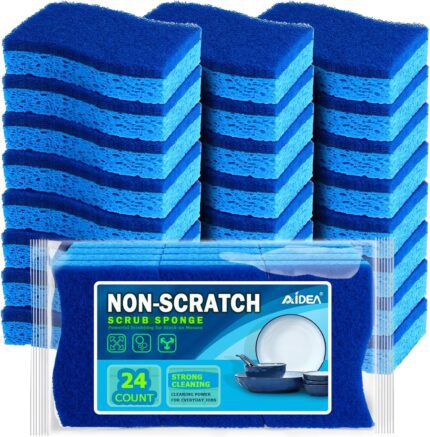 AIDEA-Brite Non-Scratch Scrub Sponge-24Count, Sponges for Dishes, Cleaning Sponge, Cleans Fast Without Scratching, Stands Up to Stuck-on Grime, Cleaning Power for Everyday Jobs