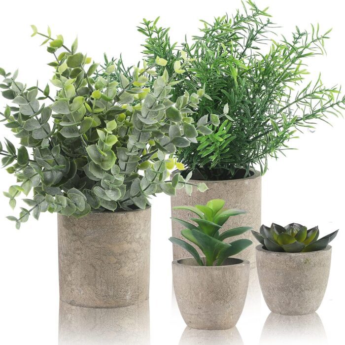 ALAGIRLS 4 Packs Fake Plants Small Artificial Plants Indoor Eucalyptus Rosemary Succulents Plants Potted Faux Plants for Home Indoor Office Bathroom Living Room Decor