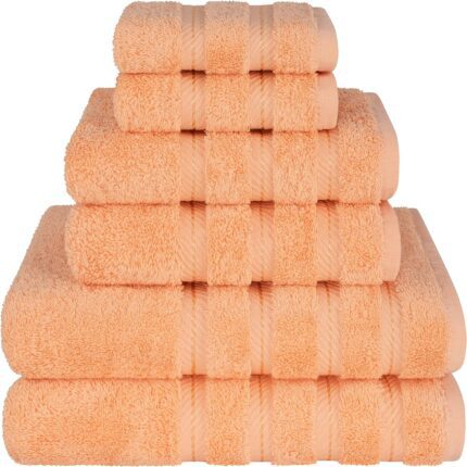 American Soft Linen Luxury 6 Piece Towel Set, 2 Bath Towels 2 Hand Towels 2 Washcloths, 100% Cotton Turkish Towels for Bathroom, Malibu Peach Towel Sets