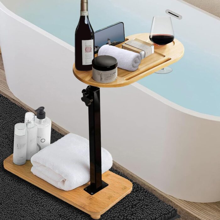 Bamboo Bathtub Tray Table with Adjustable Height, Enhanced Stability, Freestanding Design for Spa,Bathtub, Bed, Sofa, Couch with Wine Glass Holder, Perfect for Luxury Bath Home Spa Gift