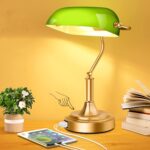 Bankers Lamp with 2 USB Ports, Touch Control Green Glass Desk Lamp with Brass Base, 3-Way Dimmable Vintage Desk Lamp for Home Office Workplace Nightstand Bedroom Library Piano, LED Bulb Included