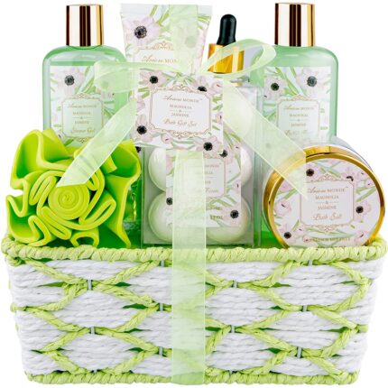 Bath Spa Basket Gift Set for Women, Bath and Shower Gift Kits, Contains Shower Gel, Bubble Bath, Bath Salts, Body Lotion, Bath Oil, Bath Bomb 8Pcs, Great Gift Idea for Women