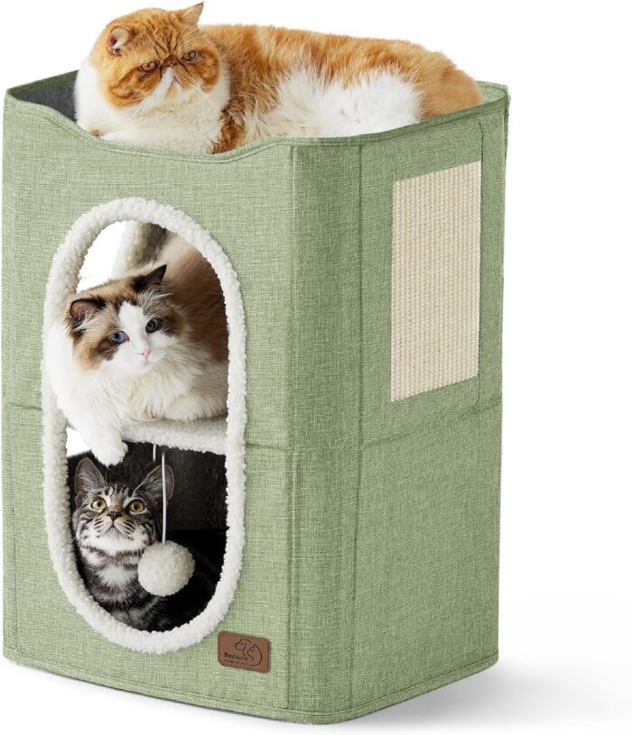 Bedsure 2-Level Cat House for Indoor Cats - Small Cat Towers with Scratch Pad and Hideaway Condo, Cat Cave Bed Furniture for Multi Pets and Large Cats, 18x14x23 inches, Green