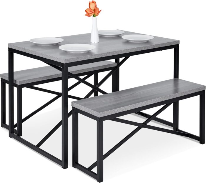 Best Choice Products 45.5in 3-Piece Bench Style Dining Furniture Set, 4-Person Space-Saving Dinette for Kitchen, Dining Room w/ 2 Benches, Table - Gray/Black