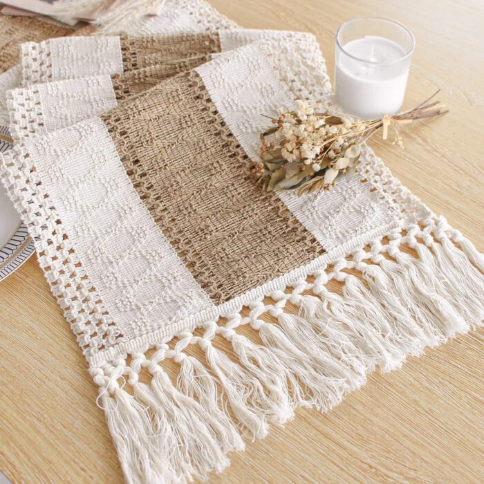 Boho Table Runner for Summer Home Decor 72 Inches Long Farmhouse Rustic Table Runner Cream & Brown Macrame Table Decoration with Tassels for Spring Living Room Bridal Shower (12x72 Inches)