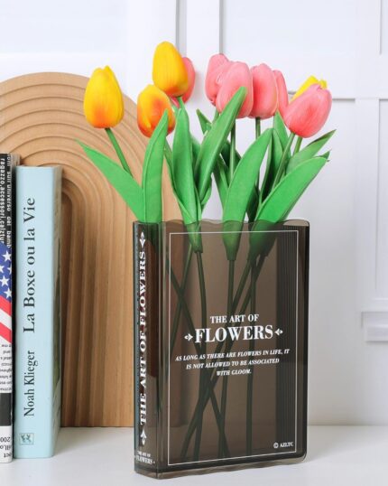 Book-Shaped Flower Vase, Cute Bookshelf Decor, Unique Black Vase for Home Decor & Cultural Flavor Acrylic Flower Vase for Bedroom & Home Office Decor, A Book About Flowers (Black)