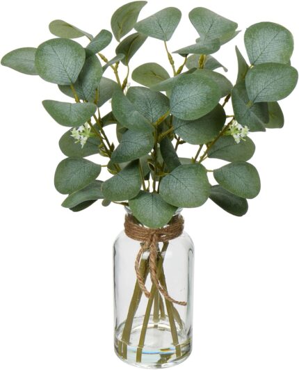 Briful Artificial Eucalyptus Stems in Glass Vase with Faux Water, 14" Fake Plant Eucalyptus Leaves for Home Office Farmhouse Wedding Centerpiece Décor