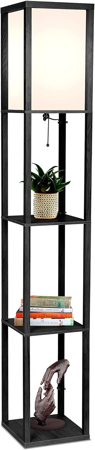 Brightech Maxwell - Modern Shelf Floor Lamp with Shade and LED Bulb Corner Display Lamps Shelves for Living Room, Bedroom Office Black