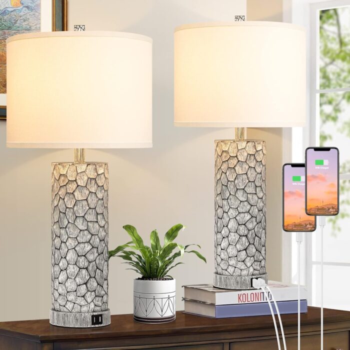 Brightever Table Lamps with Dual USB Charging Ports Set of 2 for Bedroom Living Room, 25” Tall Rustic Farmhouse Desk Lamps with White Fabric Shade, Bedside Nightstand Lamps (Bulb not Included)