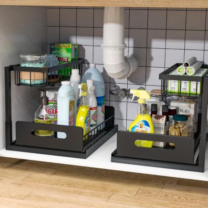 Bukfen Under Sink Organizer, Pull Out Cabinet Organizer 2-Tier Slide Out Sliding Shelf Under Cabinet Storage Multi-Use for Under Kitchen Bathroom Sink Organizers and Storage ，2 Pack