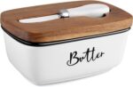 Butter Dish with Lid and Knife for Countertop, Airtight Butter Keeper for Counter or Fridge, Ceramic Butter Container with Thick Acacia Wood Lid, for Farmhouse Kitchen Decor and Accessories, White