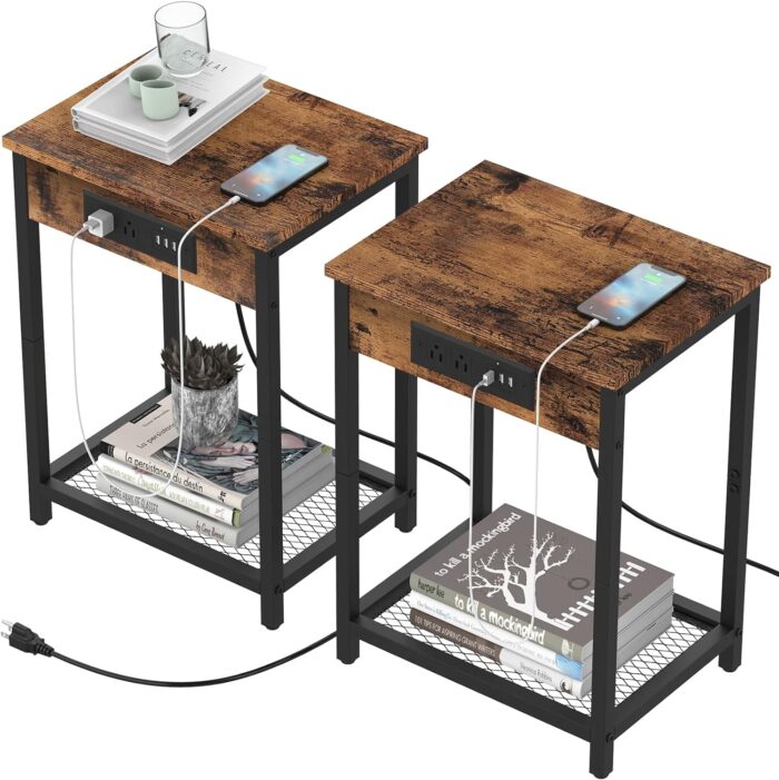 CADUKE Nightstand Set of 2, Bedside Table with Charging Station for Bedroom, Industrial Side End Table with USB Ports and Power Outlets for Farmhouse