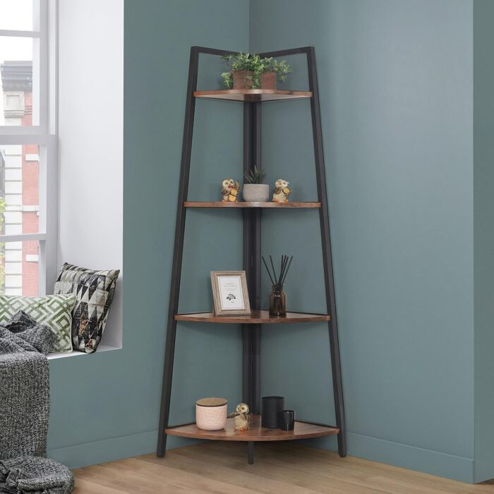 CAPHAUS Tall Corner Shelf Stand, 4-Tier Display Shelves, Ladder Corner Wood Storage Plant Bookshelf with Metal Frame, Versatile Shelving Unit Bookcase for Home Office Space, Rustic Oak