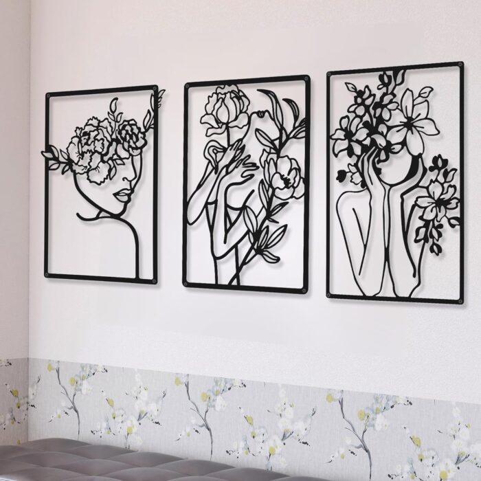 CHENGU 3 Pieces Metal Minimalist Abstract Woman Wall Art Line Drawing Wall Art Decor Single Line Female Home Hanging Wall Art Decor for Kitchen Bathroom Living Room (Black,Classic Style)