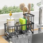 Cisily Kitchen Sink Caddy, Sponge Holder for Kitchen Sink, Kitchen Sink Organzier and Storage with High Brush Holder, Rustproof 304 Stainless Kitchen Gadgets Dish Sponge Organizer with Divider