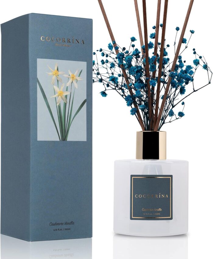 Cocorrína Premium Reed Diffuser Set with Preserved Baby's Breath & Cotton Stick Cashmere Vanilla | 6.7oz Scent Fragrance Oil Diffuser for Bedroom Bathroom Home Décor