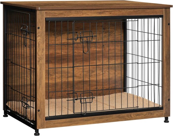 DWANTON Dog Crate Furniture with Cushion, Wooden Dog Crate with Double Doors, Dog Furniture, Indoor Dog Kennel，End Table, Medium, 32.5" L, Warm Brown