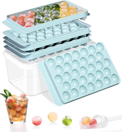 DclobTop Stackable Round Ice Cube Tray Set with Lid & Bin – Create 99PCS Round Ice Balls, Ice Trays for Freezer is Easy to Release & Sturdy– Small Pellet Ice Maker for Drinks, Coffee and Cocktails