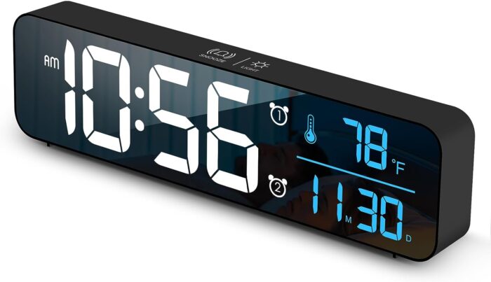 Digital Clock, Clock for Bedroom, Clocks for Living Room Decor, Desk Table Clock, Alarm Clock Large Display with Date Week Temperature, Automatic Brightness Dimmer, Smart Cool Modern (Black Blue)