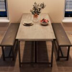 Dining Table Set for 4, Kitchen Table Set for 4 with Upholstered Benches, Rectangular Dining Room Table Set for Small Space, Apartment, Studio, Rustic Gray