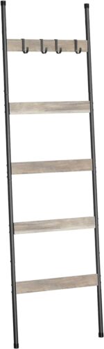 ELYKEN Blanket Ladder for Living Room, Farmhouse 5 -Tier Quilt Holder with 4 Removable Hooks for Bathroom, Wood Towel Rack Display, Wall Anchor Leaning Decorative Stand for Home Decor, White Oak