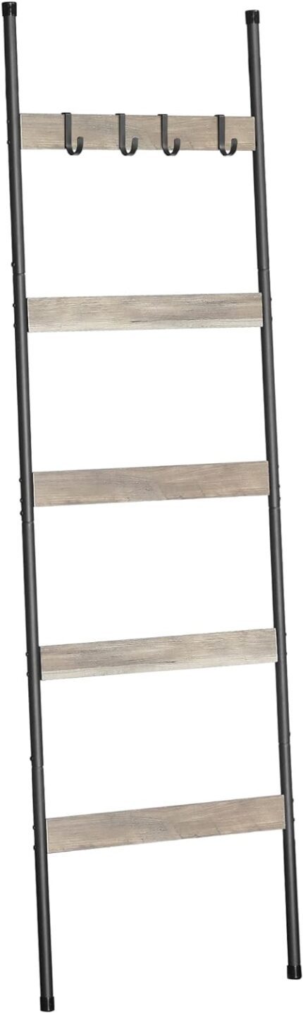 ELYKEN Blanket Ladder for Living Room, Farmhouse 5 -Tier Quilt Holder with 4 Removable Hooks for Bathroom, Wood Towel Rack Display, Wall Anchor Leaning Decorative Stand for Home Decor, White Oak