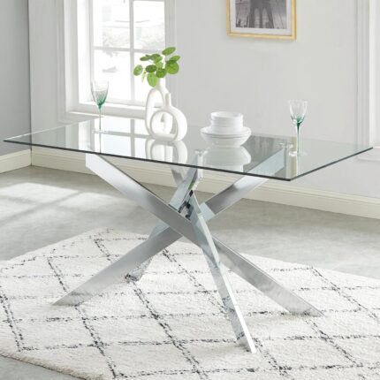 Edwin's Choice 58.5” Rectangle Glass Dining Table, Tempered Glass Tabletop and Metal Tubular Legs, Modern Style Table for Home, Kitchen, Dining Room 58.5”Lx29”Wx30”H, Silver