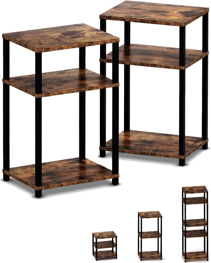 End Table Night Stand Set of 2, 3-Tier Bedside Tables, 5-Tier Shelf Bookcase, Accent Side Table for Couch, Living Room, Bedroom, Rustic Brown and Black, Easy Assembly.