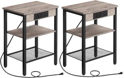 End Tables Set of 2 with Charging Station and USB Ports, 3-Tier Nightstands with Adjustable Shelves, Narrow Side Tables for Small Space in Living Room, Bedroom and Balcony, Greige BG112BZP201