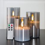 Eywamage Smoke Grey Glass Flameless Candles with Remote Battery Operated Flickering LED Pillar Candles Set of 3