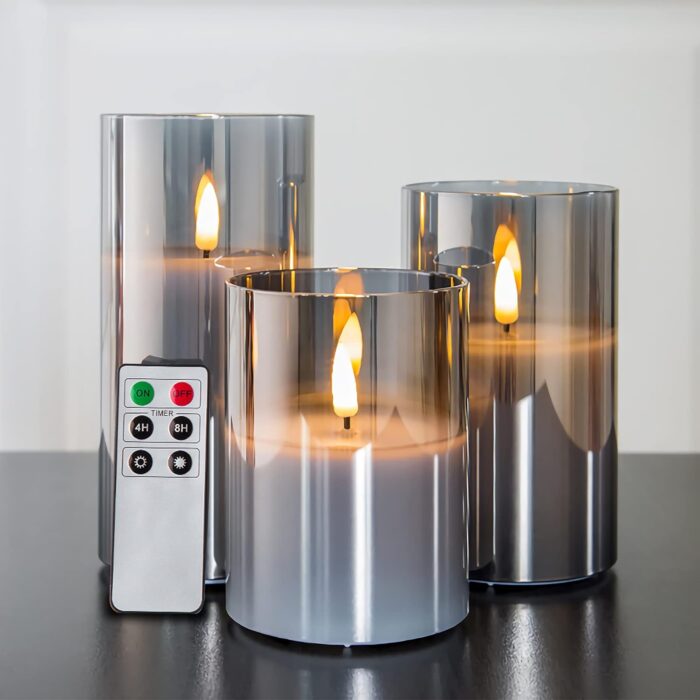 Eywamage Smoke Grey Glass Flameless Candles with Remote Battery Operated Flickering LED Pillar Candles Set of 3