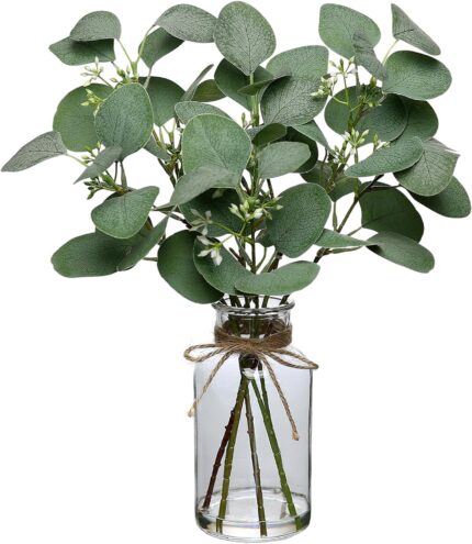 FOTEEWL 15" Artificial Eucalyptus Stems in Glass Vase with Faux Water,Fake Plant Eucalyptus Leaves Greenery for Centerpiece Table Decorations Office Farmhouse Wedding Kitchen Home Decor（Green）