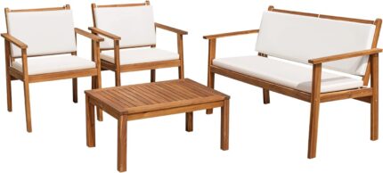 Flamaker Patio Furniture 4 Piece Outdoor Acacia Wood Patio Conversation Sofa Set with Table & Cushions Porch Furniture for Deck, Balcony, Backyard