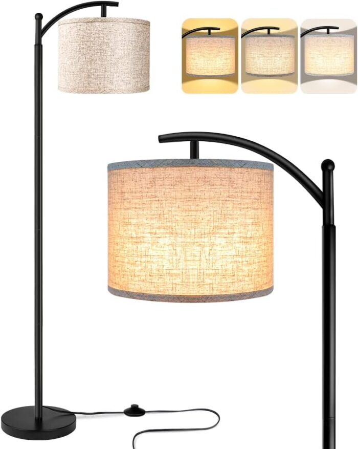 Floor Lamp for Living Room with 3 Color Temperatures LED Bulb, Standing Lamp Tall Industrial Floor Lamp Reading for Bedroom, Office (9W LED Bulb, Beige Lampshade Included) -Black