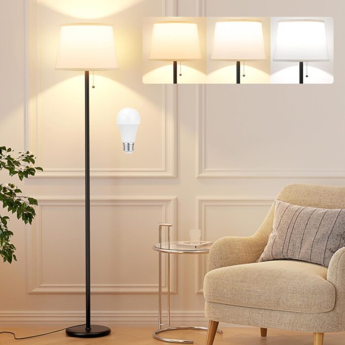 Floor Lamps for Living Room - 3 Color Temp(3000/4000/5000K) Standing Lamp with Pull Chain Switch, Black Floor Lamp with Lampshade, Modern Tall Light for Bedroom Office(9W Bulb Included)