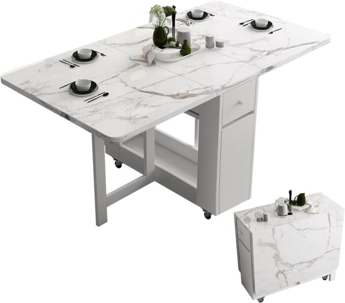 Folding Dining Table with Rack and 2 Storage Drawers, Movable Extendable Space Saving Kitchen Table in 3 Forms (White)