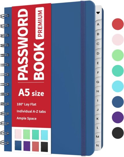 Forvencer Password Book with Individual Alphabetical Tabs, 5.3"x7.6" Medium Size Password Notebook, Spiral Password Keeper Book for Senior, Cute Password Organizer Logbook for Home Office, Navy Blue