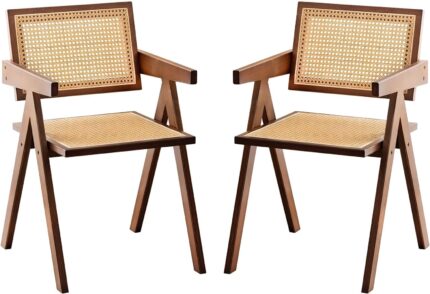 Furlide Rattan Accent Chairs, Modern Mid Century Dining Chairs Set of 2, Comfy Armchairs, Outdoor Rattan Chairs with Armrest for Bedroom Living Room Reading Room Dining Kitchen, Brown